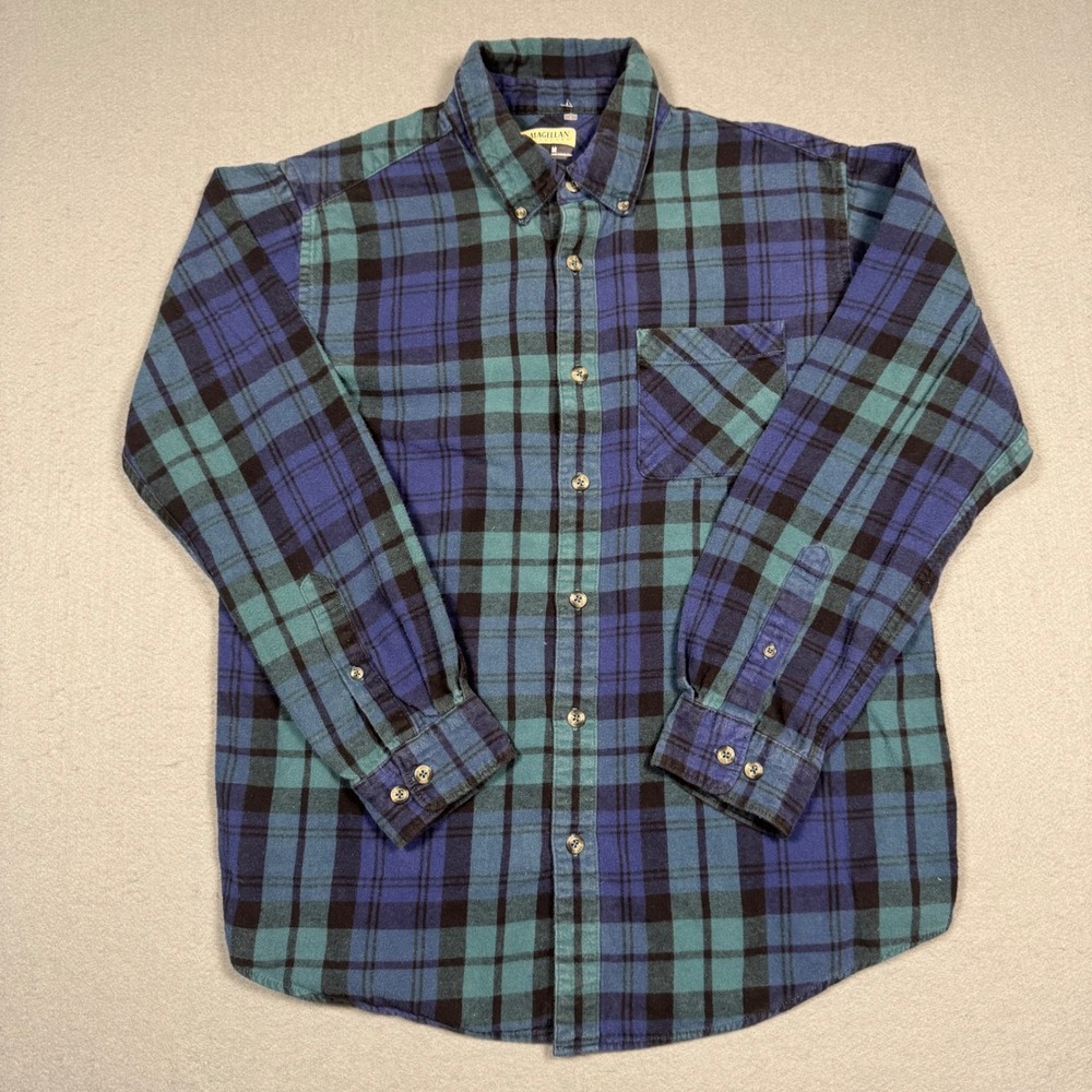 Magellan Outdoors Flannel Shirt Mens Medium Blue Green Plaid Button Down Cotton